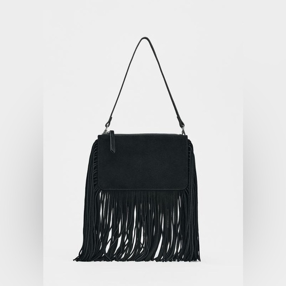 Black Suede Leather Fringe Women's Bag - Picture 1 of 8